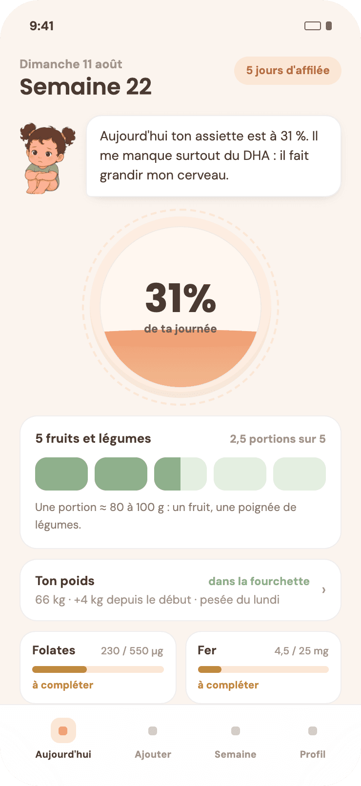 Écran d'accueil de Pitchoun : le compteur de fruits et légumes de la journée.