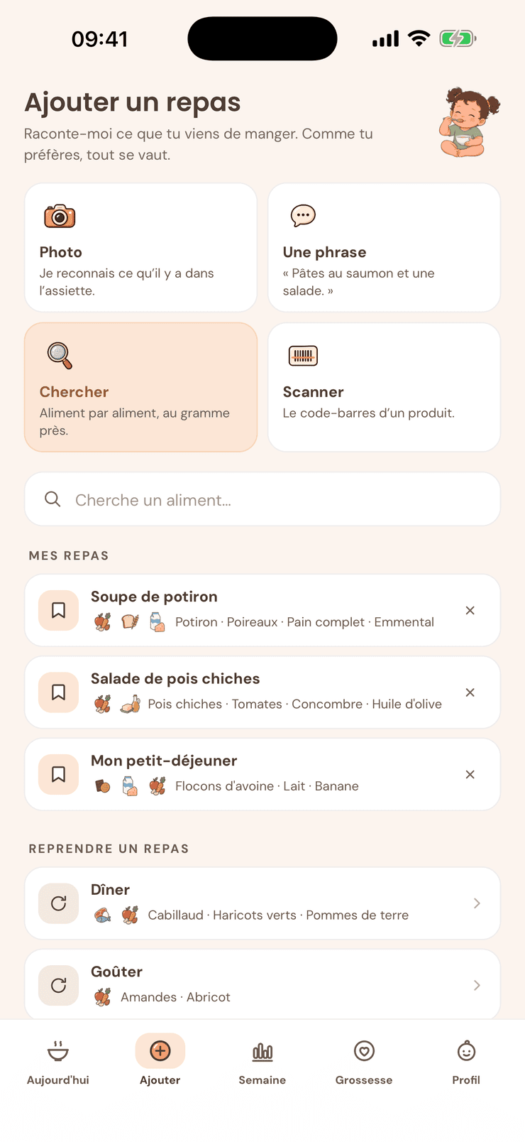 Ajout d'un repas dans Pitchoun : l'écrire, le photographier, le chercher ou scanner un code-barres.
