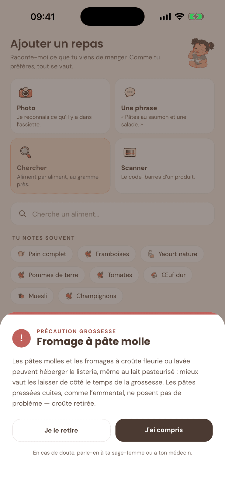 Alerte de sécurité de Pitchoun sur un fromage à pâte molle, au moment de l’enregistrer.