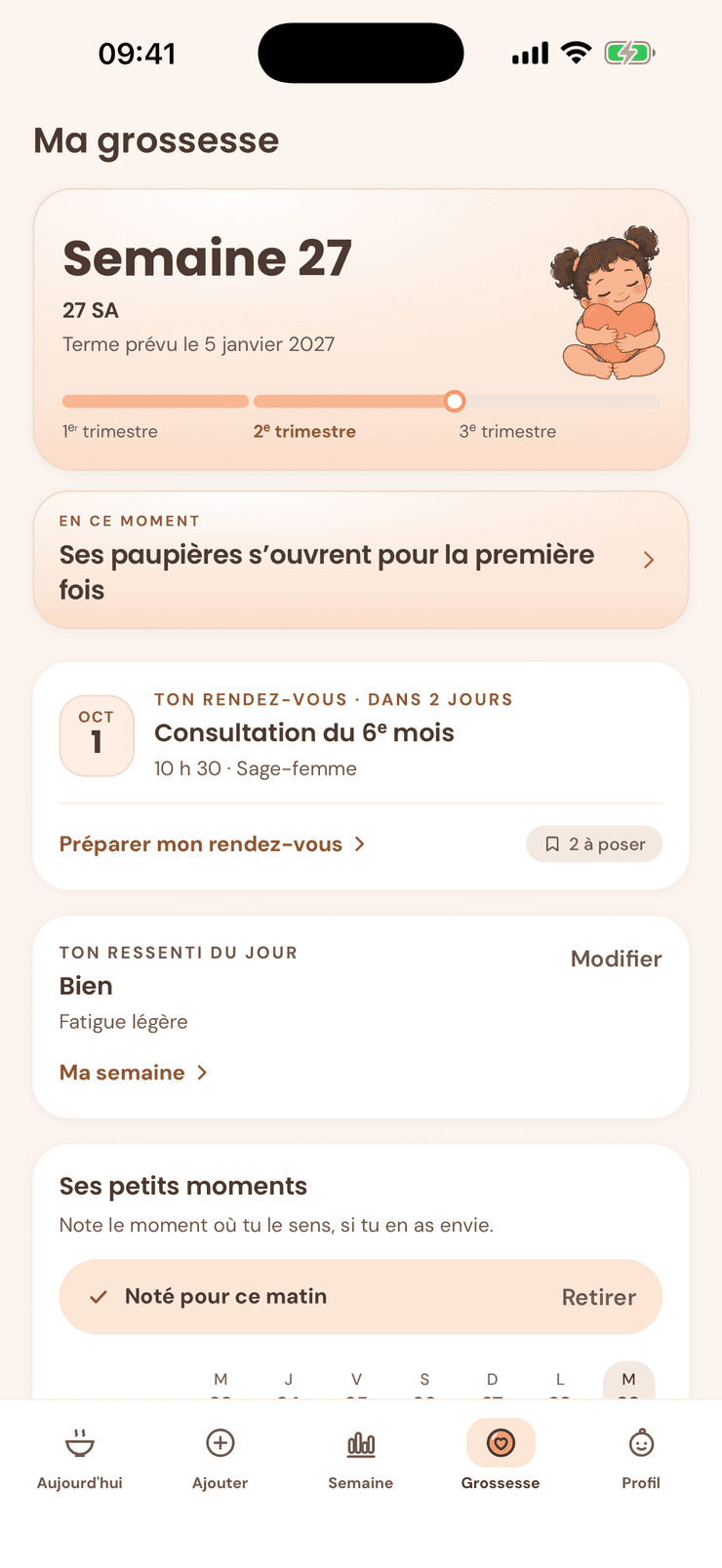 L’onglet Grossesse de Pitchoun : la semaine de grossesse et le terme, ce qui se passe cette semaine, le prochain rendez-vous et le ressenti du jour.