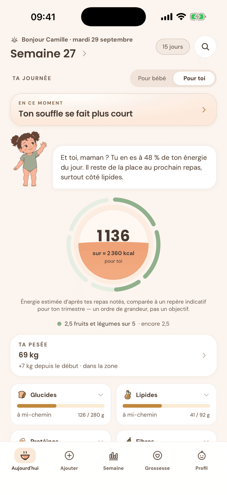 La même journée sur la face « pour toi » : l’énergie et les repères de l’équilibre alimentaire de la maman.