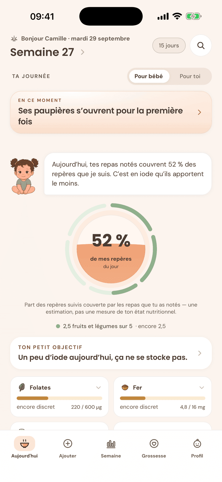 Écran d'accueil de Pitchoun : la semaine de grossesse, puis la part des six repères que couvrent les repas notés dans la journée.