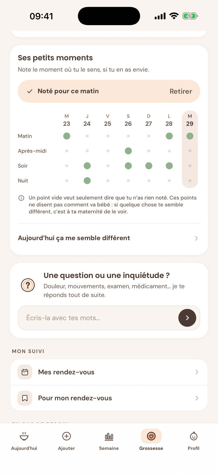 Les moments de la semaine où elle a senti bébé, notés sans aucun compte, puis l’entrée « Une question ou une inquiétude ? ».