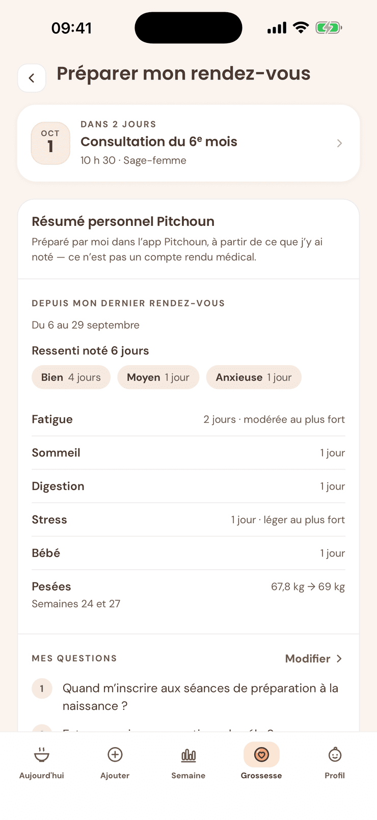 « Préparer mon rendez-vous » dans Pitchoun : le prochain rendez-vous, puis le résumé personnel de ce qu’elle a noté depuis le précédent.
